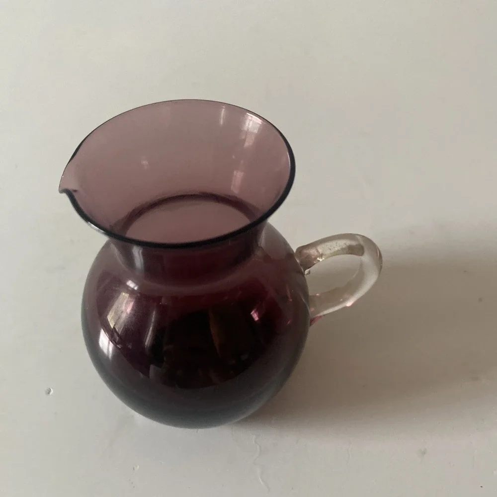 Vintage Purple Plum Enesco Hand Blown Art Glass Miniature Clear Handled Pitcher